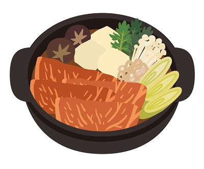 肉通販取り寄せイラストすき焼き鍋2。すき焼き,関東,関西,違い,味,割り下,具材,肉,レシピ,作り方